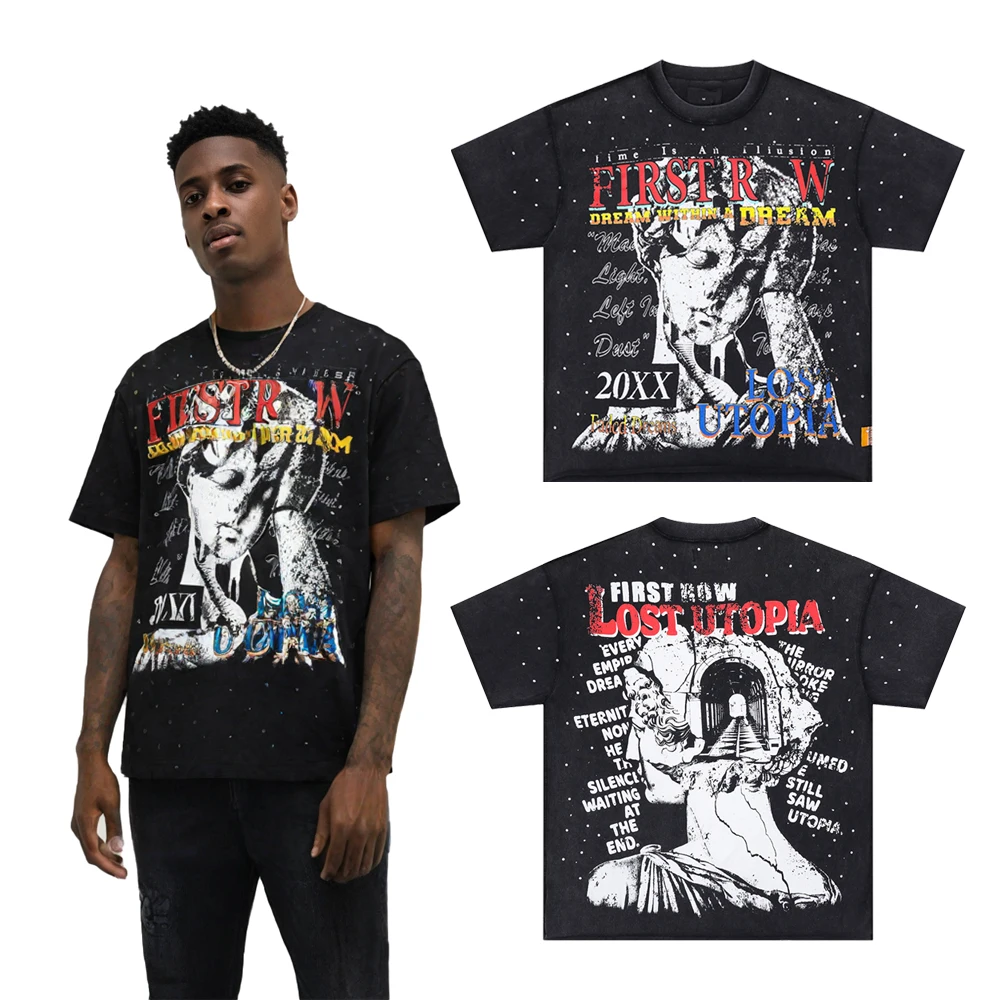 

Y2k Streetwear Print Graphic Rhinestone T Shirts Hip Hop Street Style Cotton Casual Retro Distressed Oversized Short Sleeve Tees