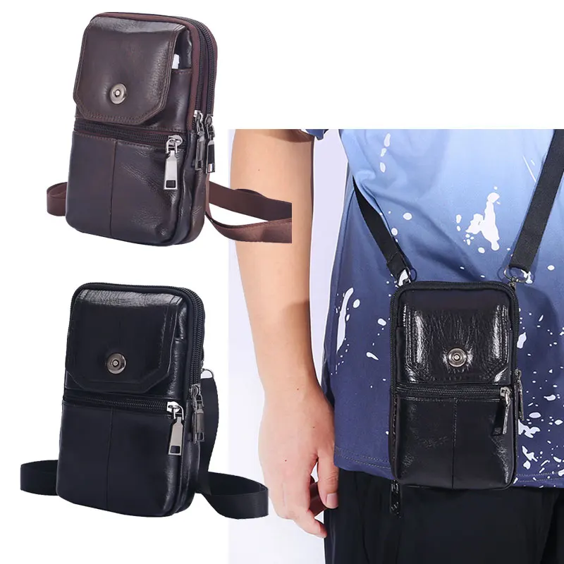 Men\'s Messenger Bag Cowhide Leather Bag Mobile Phone Pouch Pocket Wallet Male Small Travel Waist Bag Multi-Pockets Chest Bag