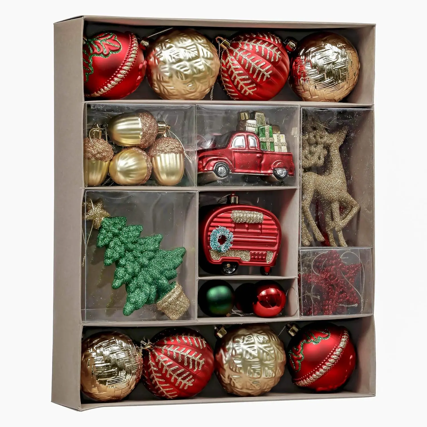 

60-Piece Shatterproof Christmas Ornaments Set, Red Green Gold Traditional Country Decor for Holiday Trees
