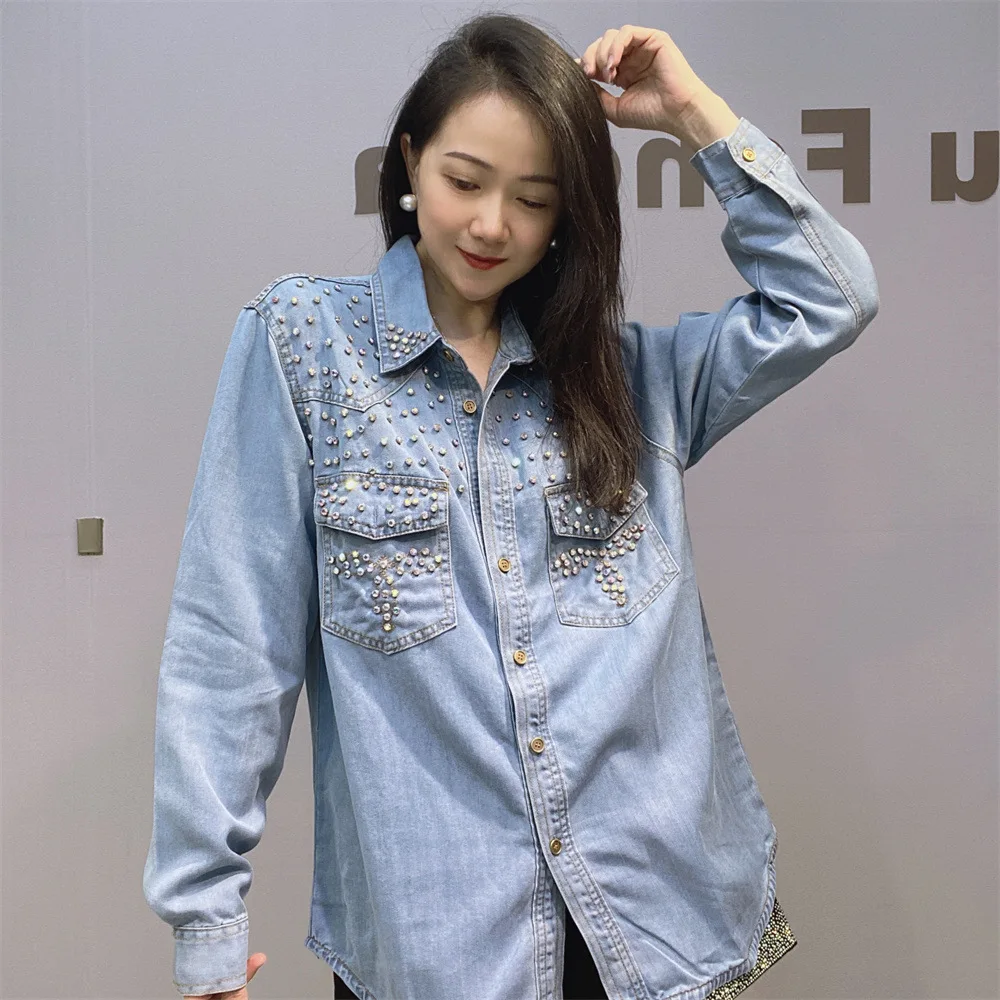 Women Diamonds Beaded Denim Shirts Shiny Rhinestones Jeans Blouse Crystal Cowboy Coat Sequins Rivets Cowboy Jacket Cardigan Tops