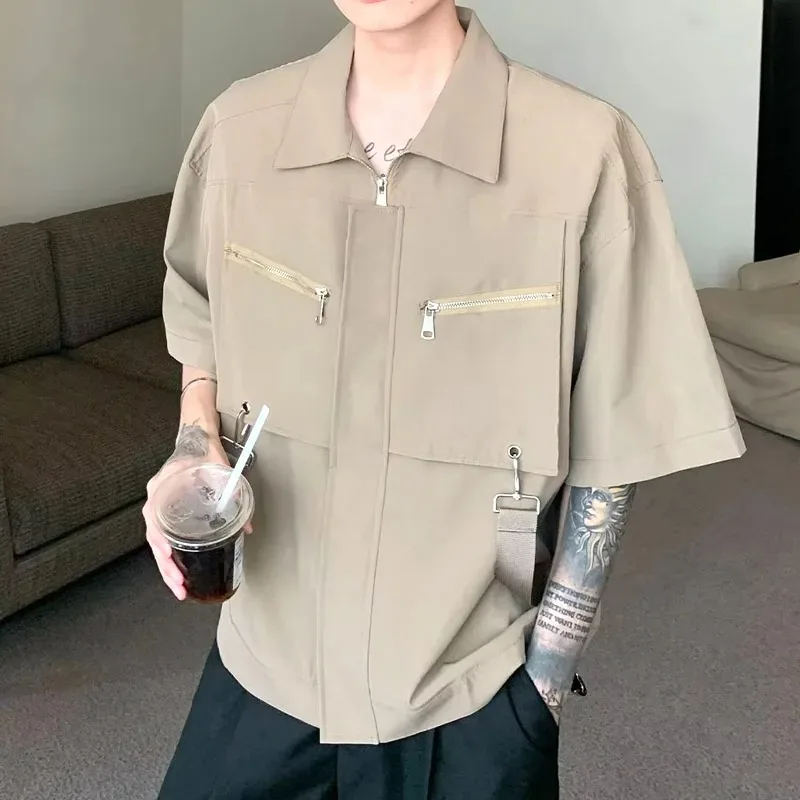 

Simple Solid Color Notched Fashion Simple Hot Selling Versatile Men's Clothing Business Tops Straight Popularity Shirts Loose