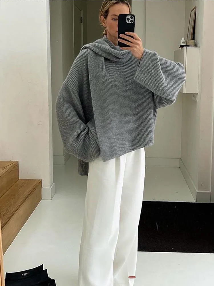 Chic Women Scarf Collar Solid Loose Sweater Casual Long Sleeve Irregular Hem Knitted Pullover Autumn Fashion Lady Street Jumpers