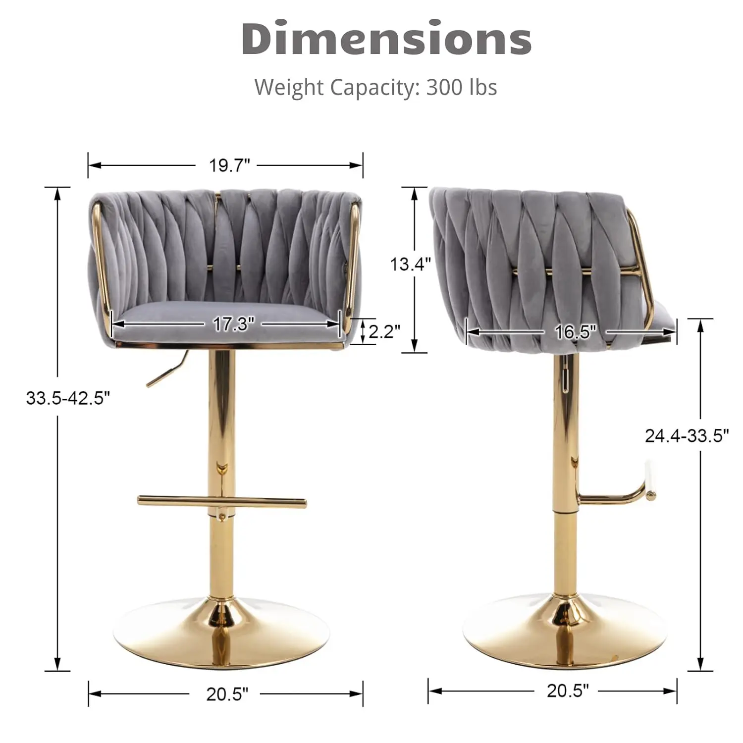 Adjustable Swivel Bar Stools Set of 2 Velvet Woven Back Gold Base Counter Height Kitchen Island Grey Customized