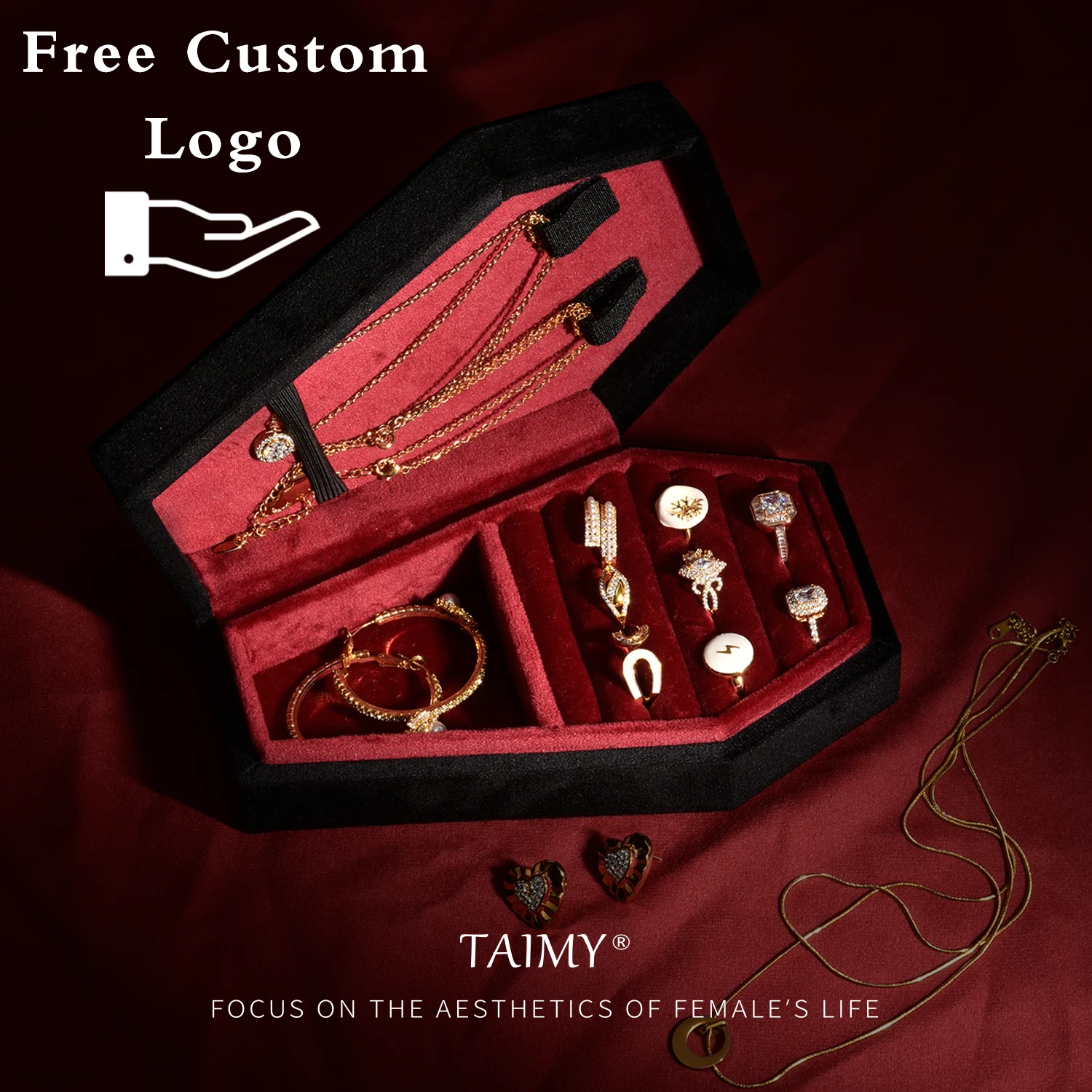 

TAIMY Gothic Velvet Jewelry Coffin Shape Ring Necklace Storage Box Logo Custom Display Packaging Case Travel Hip Hop Rap Boxes