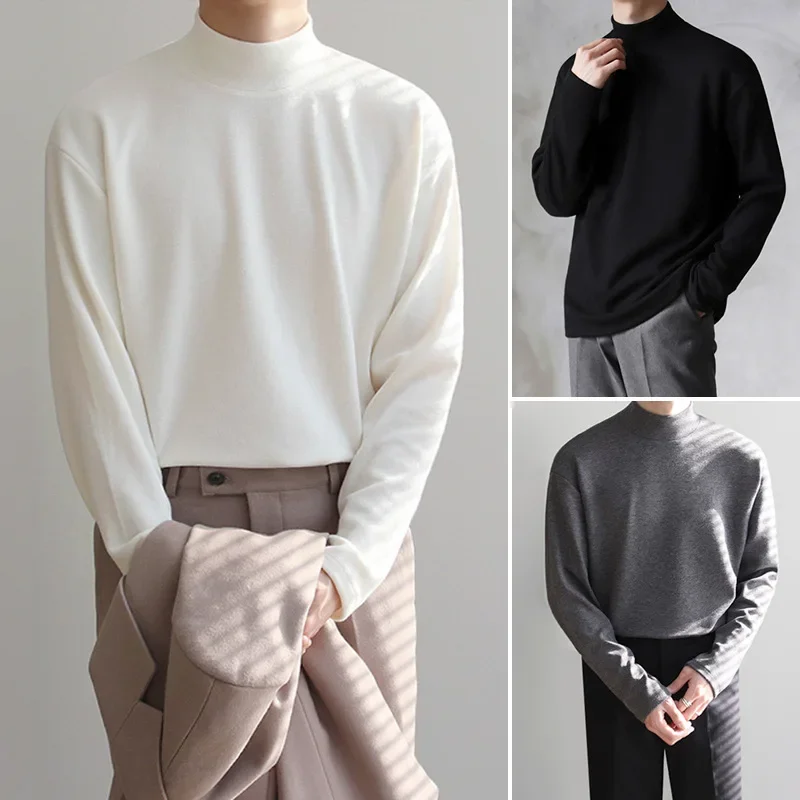 Autumn Winter New Fashion Men's Solid Color Casual Trendy Half High Collar Long Sleeve Loose