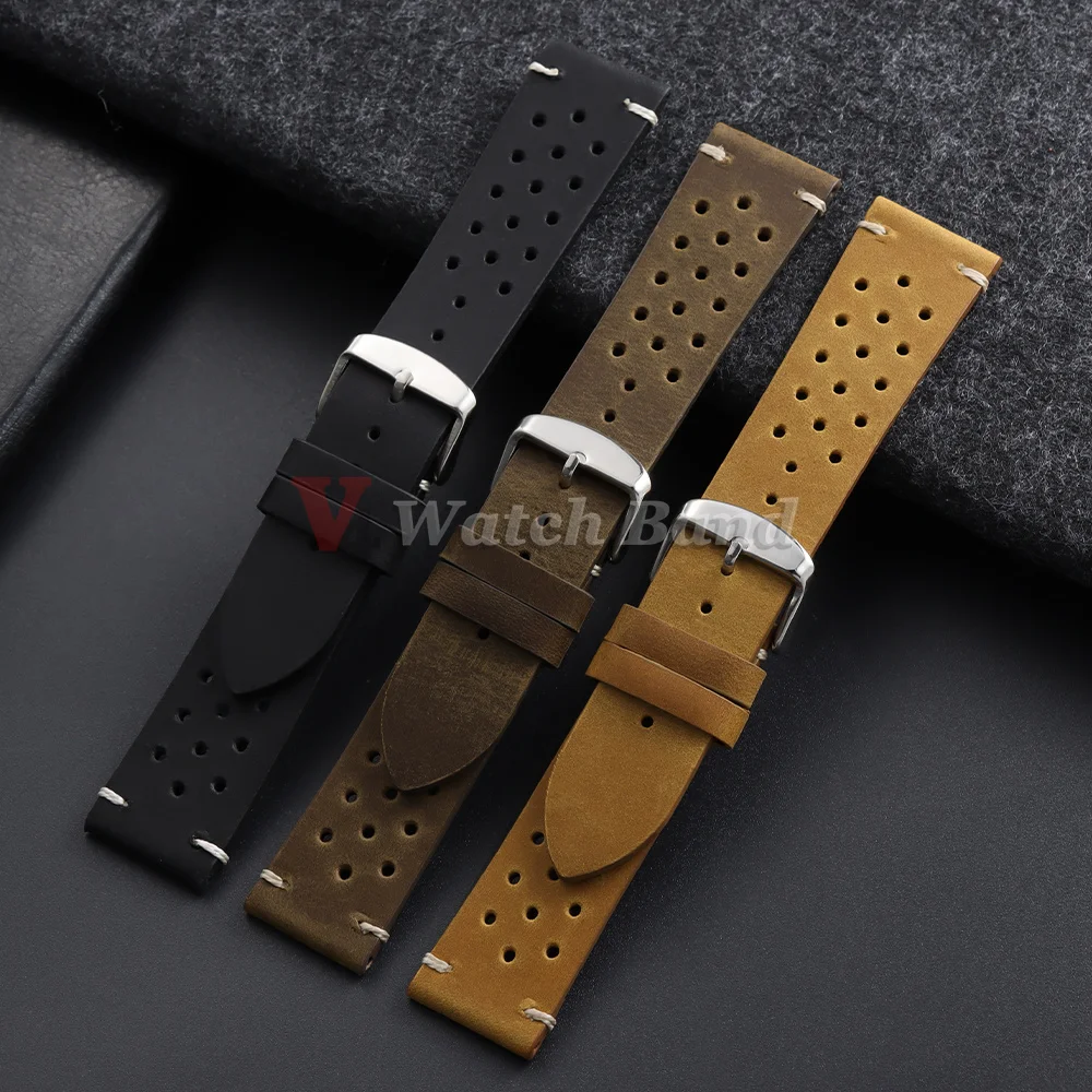 18mm 19mm 20mm 21mm 22mm 24mm Handgefertigte Uhrenarmbänder Dunkelbraun Atmungsaktive Poröse Uhrenarmbänder Vintage Racing Leder-Uhrenarmbänder – Detail 4