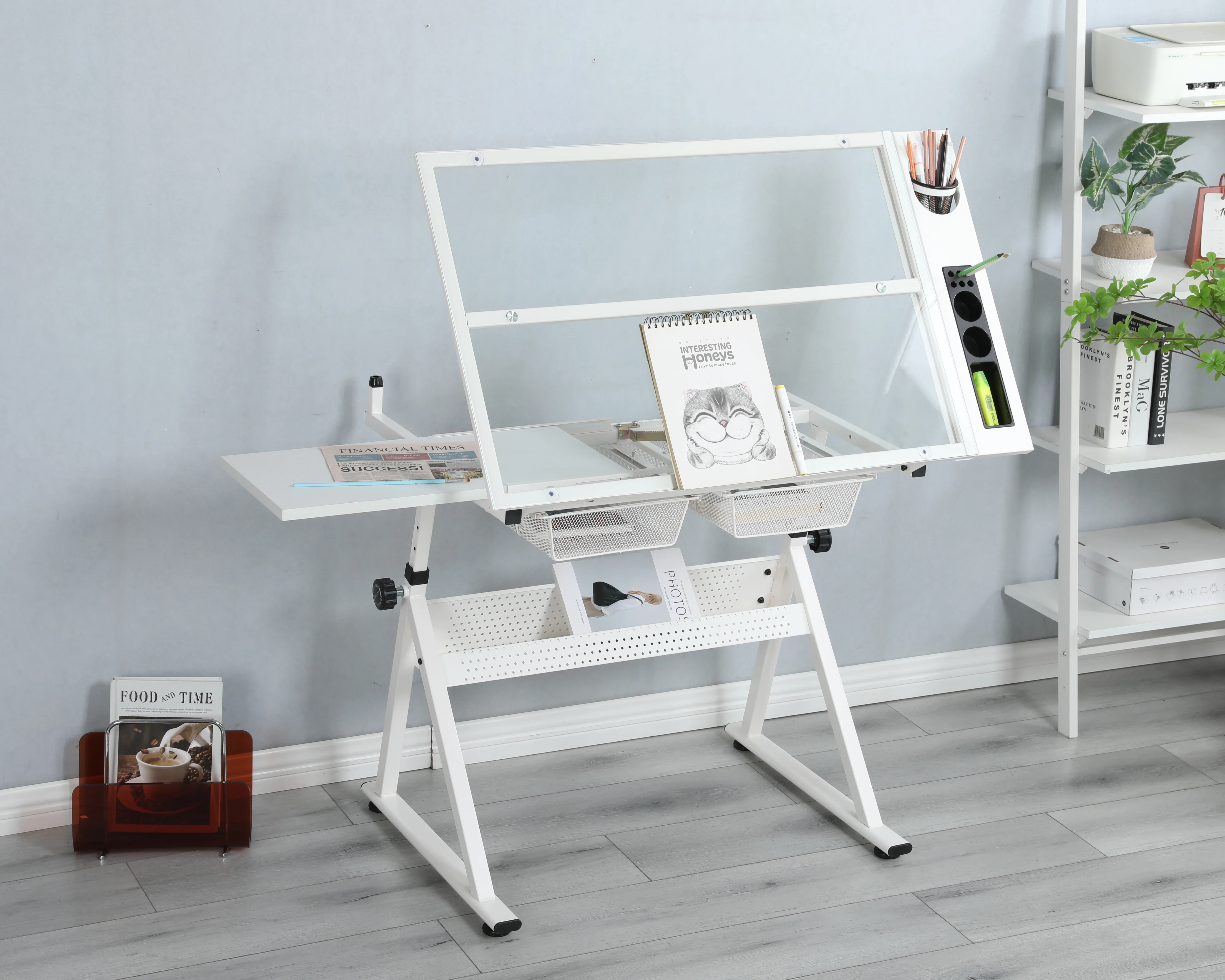 

modern glass drafting printing table with chair, glass top drafting table desk,standing desk,0-75 degrees adjustable angle,white