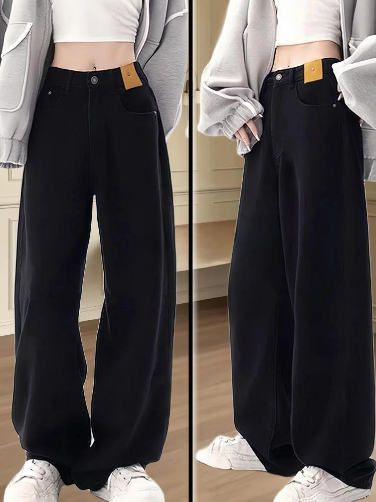 plus Size Fce Lined Thi Denim Pants Women Winter Loose High Waist Slim Straight Wide Leg Trousers Comfortable Breathable