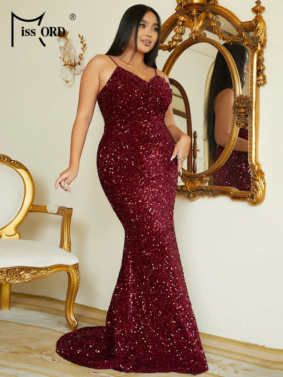 Missord-Robe de soirée à paillettes pour femmes, tenue élégante, grande taille, bretelles spaghetti, bordeaux, 2023