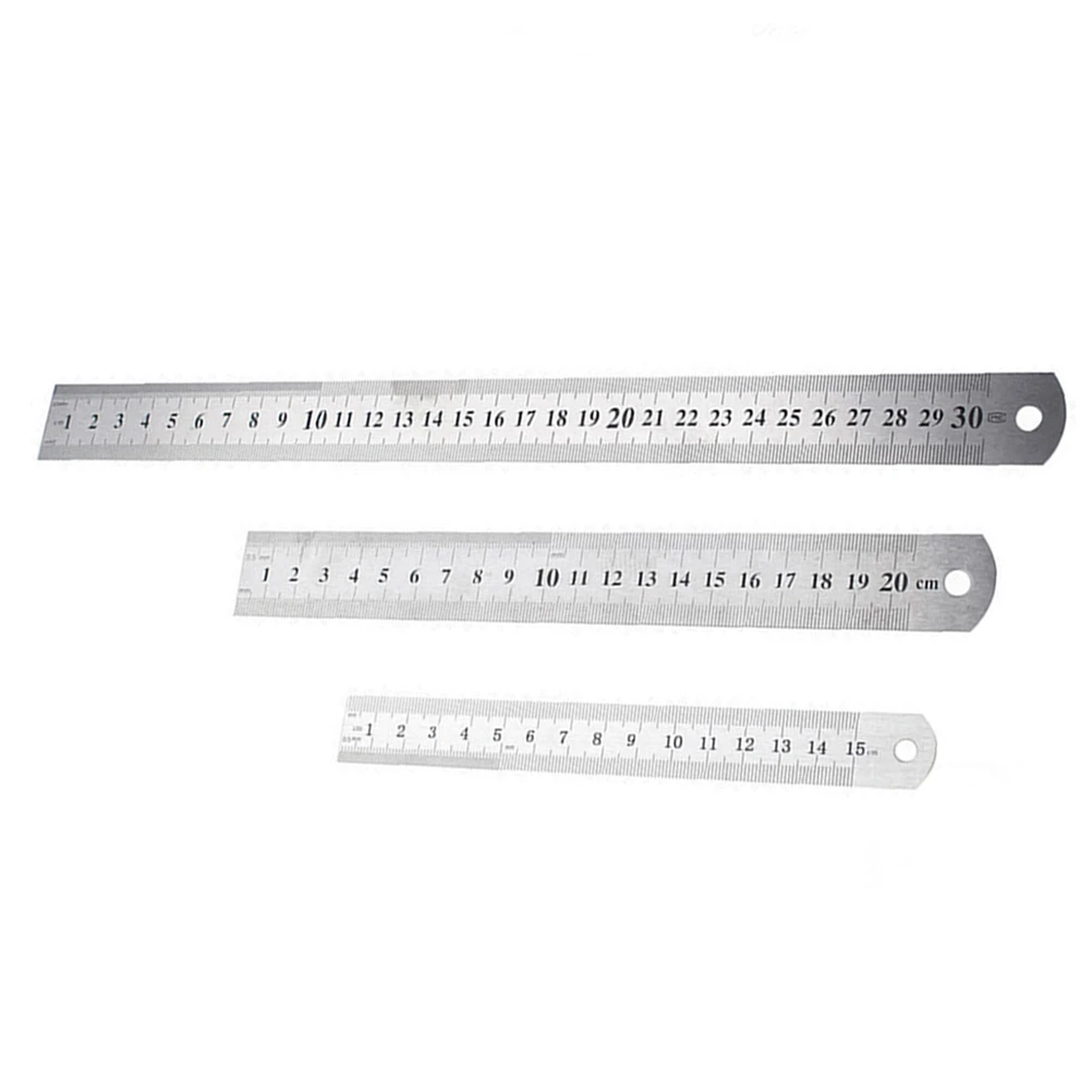 3 pcs Stainless Steel Rulers Double Scale Measure Precision Graduated Inches Centimeters School Office Storage Hole