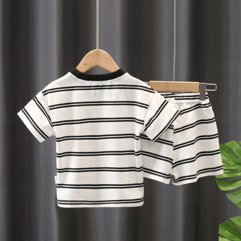 2Pcs Fashion Children Short Sleeve Shorts Sets Summer Kids Clothes Boys Baby Cotton Tee Pant Outfits Black and White Stripe Trac