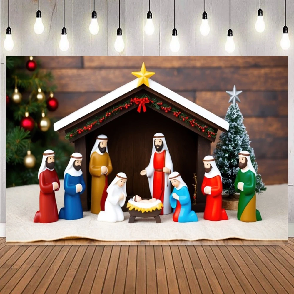 خلفية عيد الميلاد لولادة يسوع، السماء المرصعة بالنجوم، العائلة المقدسة، التجمعات الدينية، المهد لخلفية التصوير الفوتوغرافي للديكور الاحتفالي #1