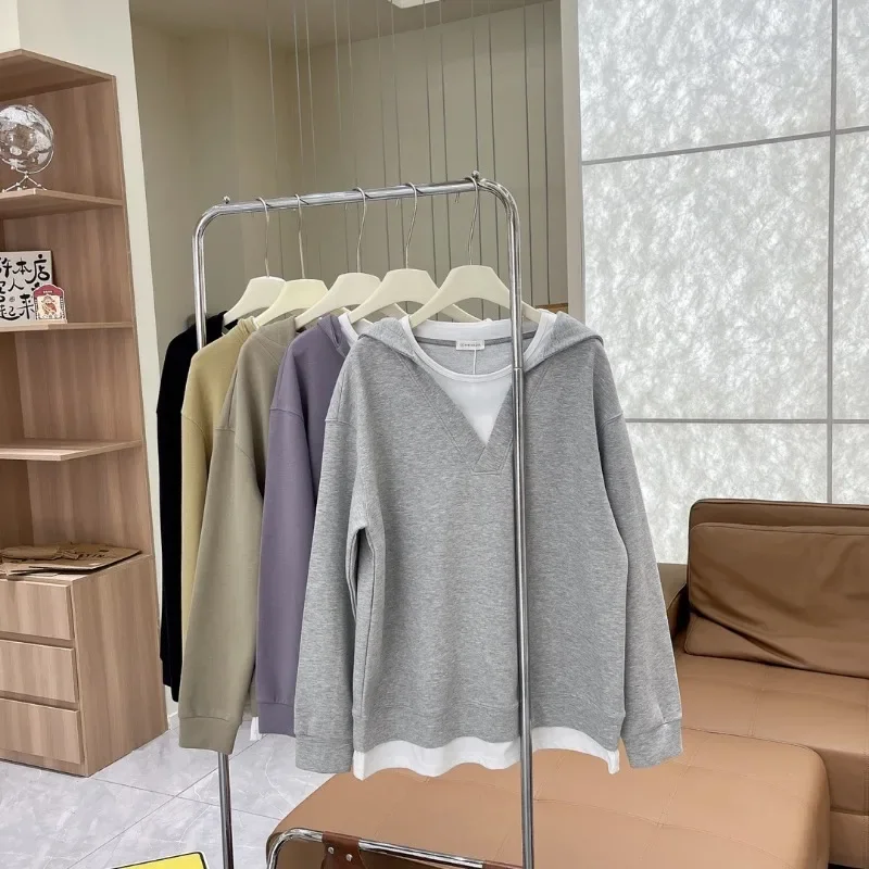 Women New V-Neck Mock Two-piece Hoodies Spring Autumn Solid Colors Loose Casual Sweatshirts Chic Simple Lantern Sleeve Hoodies