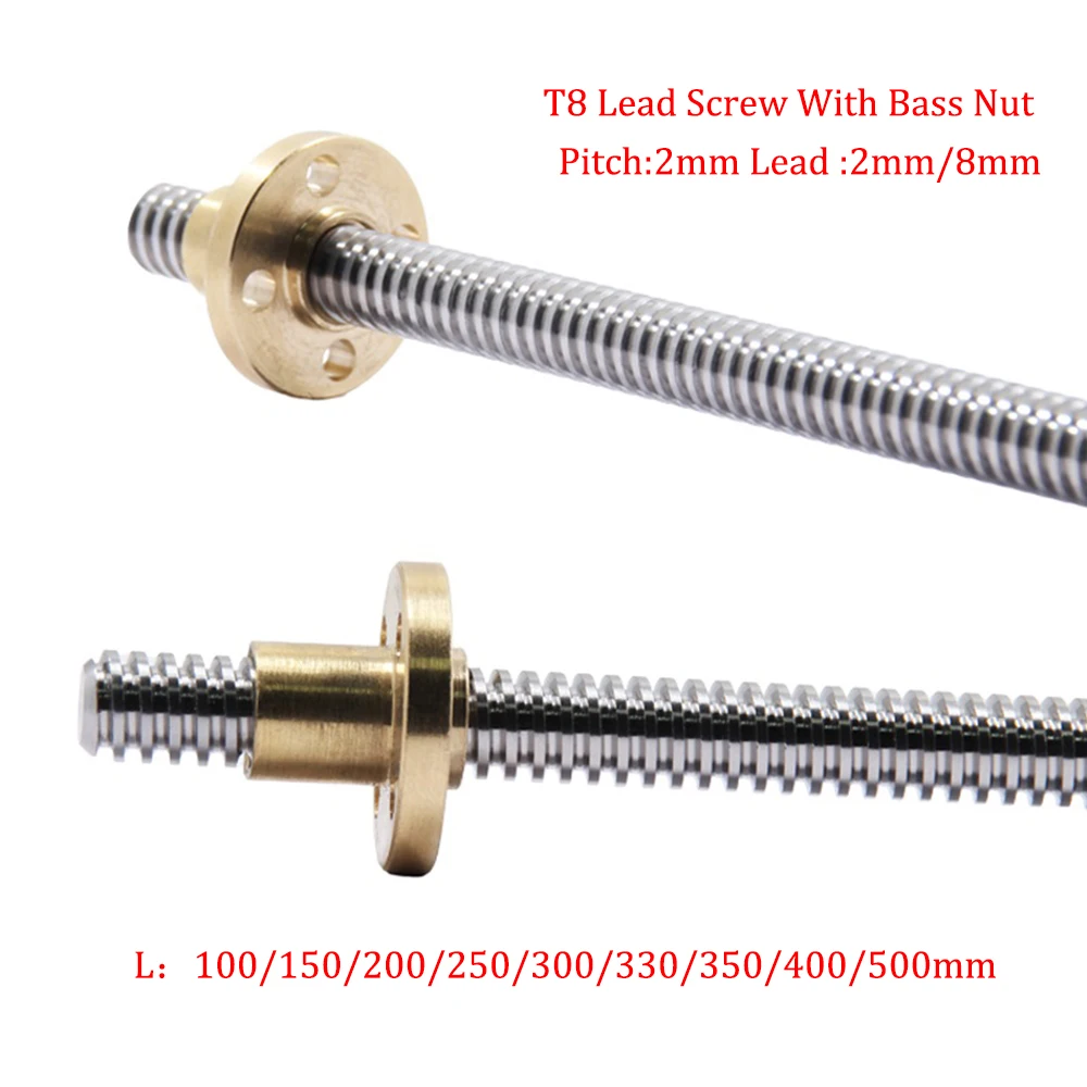 RAMPS 3D Printer T8 Lead Screw Trapezoidal Rod OD 8mm Pitch 2mm Lead 2mm/8mm Length 100mm-500mm Screw With Brass Nuts For Reprap