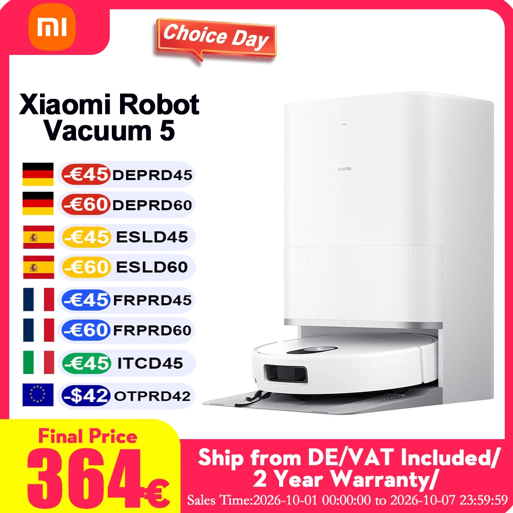 Robot aspirapolvere Xiaomi 5, versione globale per l'Europa (aggiornamento X20+), con funzione di lavaggio intelligente, sistema di navigazione laser LDS, capacità di aspirare il 99% dei capelli,