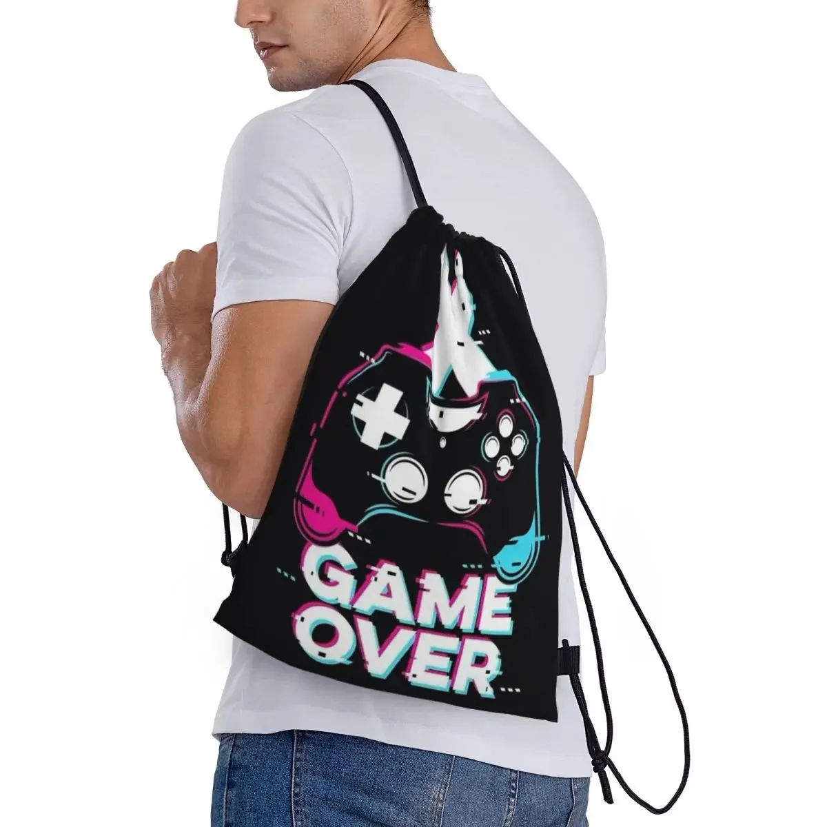 Custom Game Over Gaming Gamer Drawstring Backpack Sports Gym Bag for Men Women Video Game Controller Training Sackpack