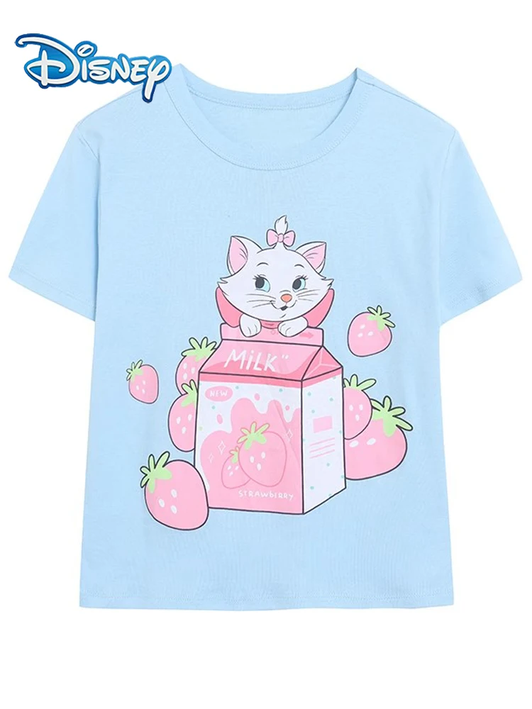 

Милый женский пуловер с короткими рукавами и круглым вырезом Disney Marie Cat с мультяшным принтом, новые милые футболки, женская уличная одежда