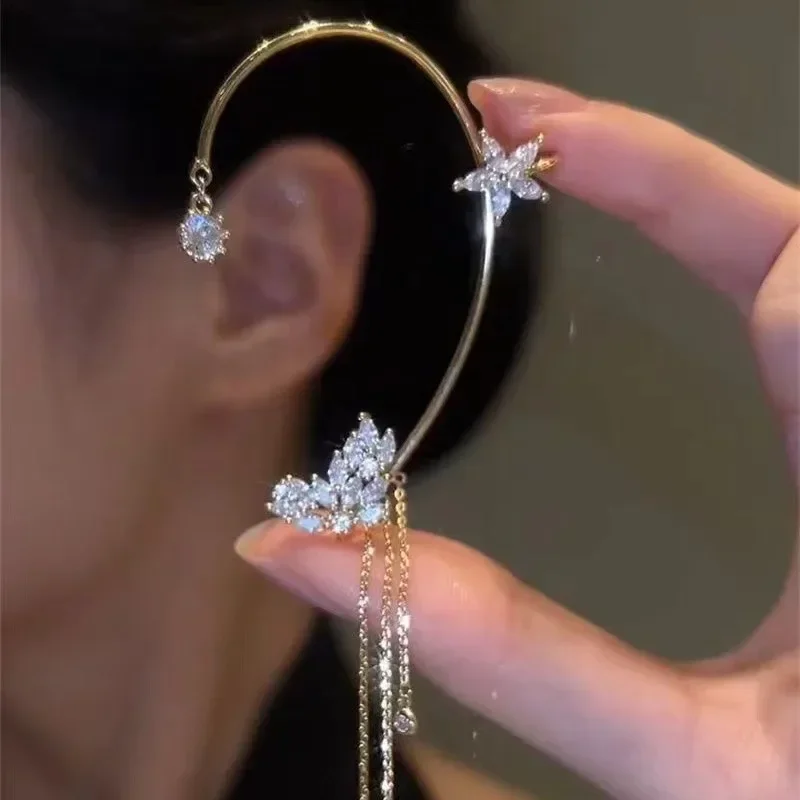 Shiny Zircon Butterfly Ear Cuff Gold Color Tassel Clip on Earrings for Women Korea Style Copper Earring Without Piercing Jewelry