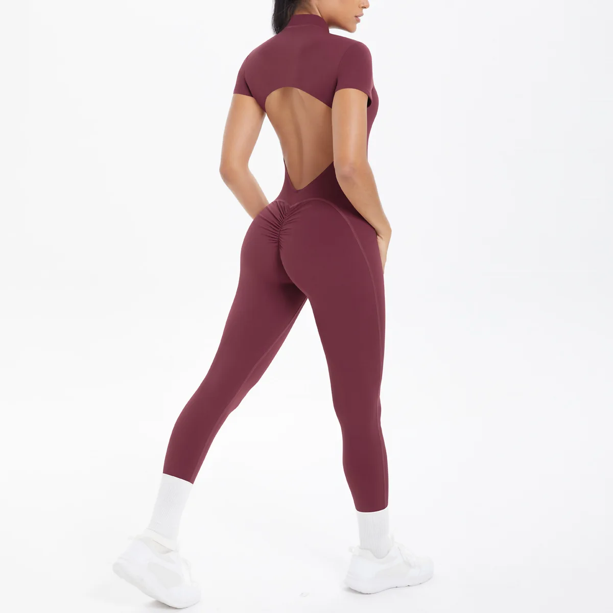 Sexy Backless Bodycon Scrunch Jumpsuit Raises Butt Women Dance Fitness Overalls Push Up With Chest Cushion Yoga Sport Jump Suit