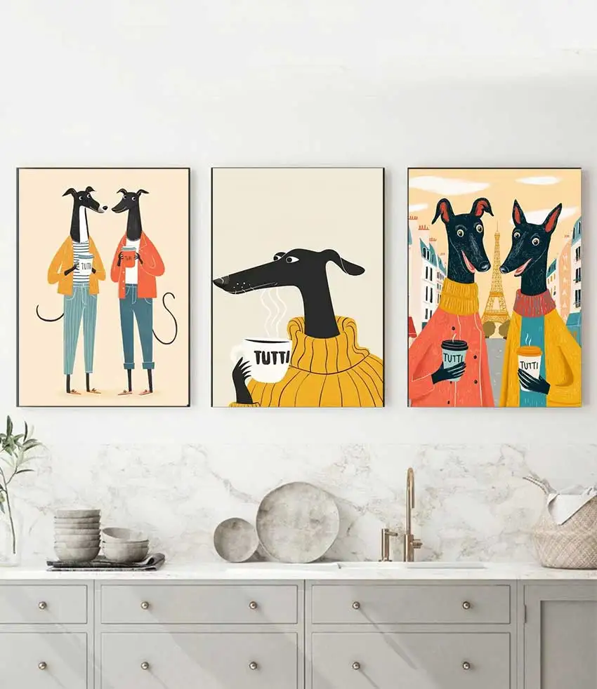 Wearing a Sweater and Drinking Coffee Modern and Colorful Pet Dog Canvas Home Decor Winter-Themed Poster Print: Hound