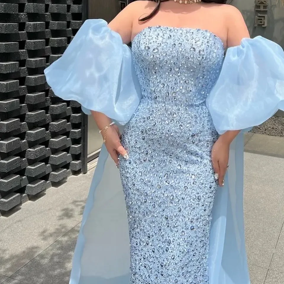 Customized Baby Blue Mermaid Evening Dress Crystal Beaded Sparkly Prom Dress Strapless Puffy Sleeves Formal Dresses For Special