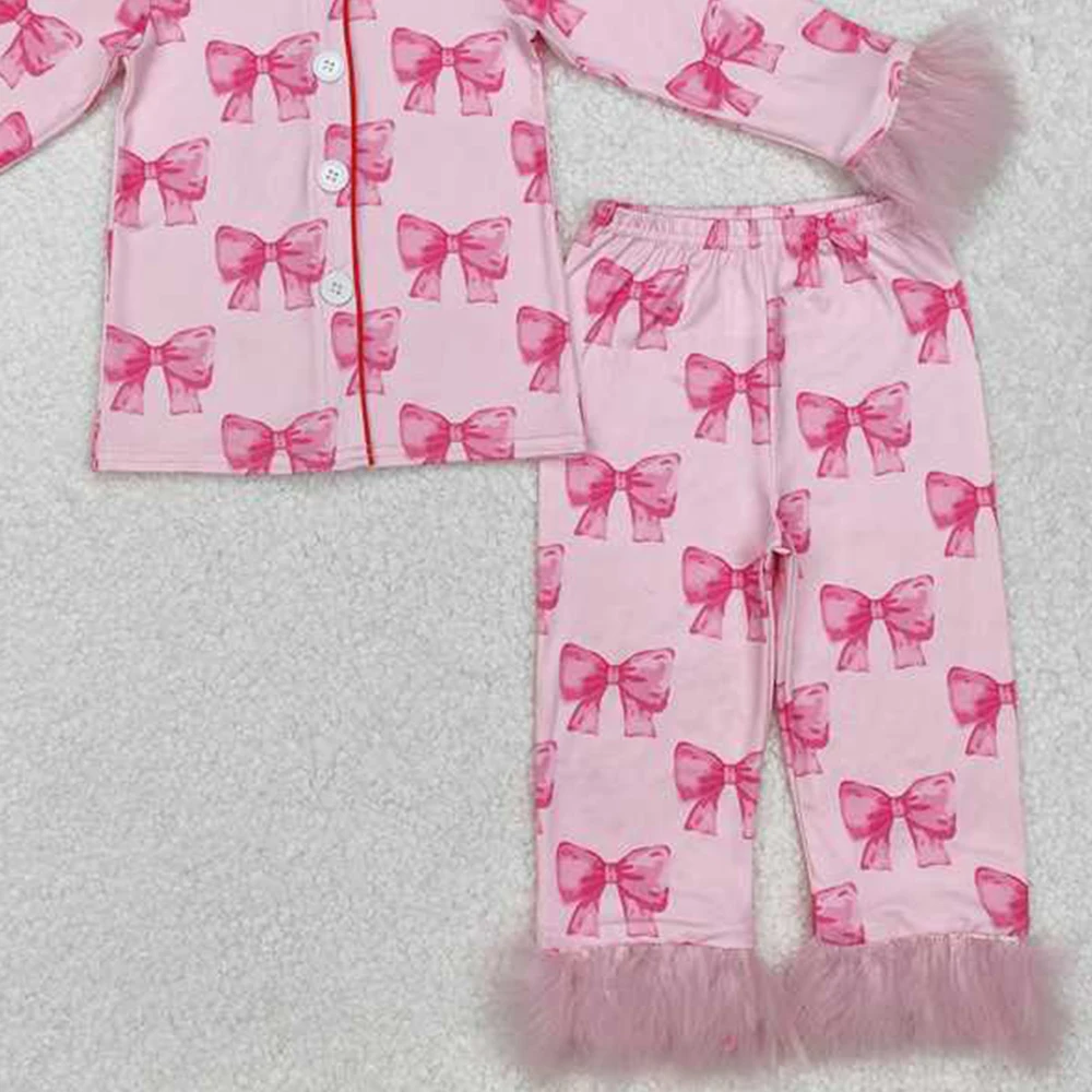 GLP2289 Baby Mädchen Rosa Schleifen Pelzknöpfe Hemd Hose Pyjama Kleidungssets