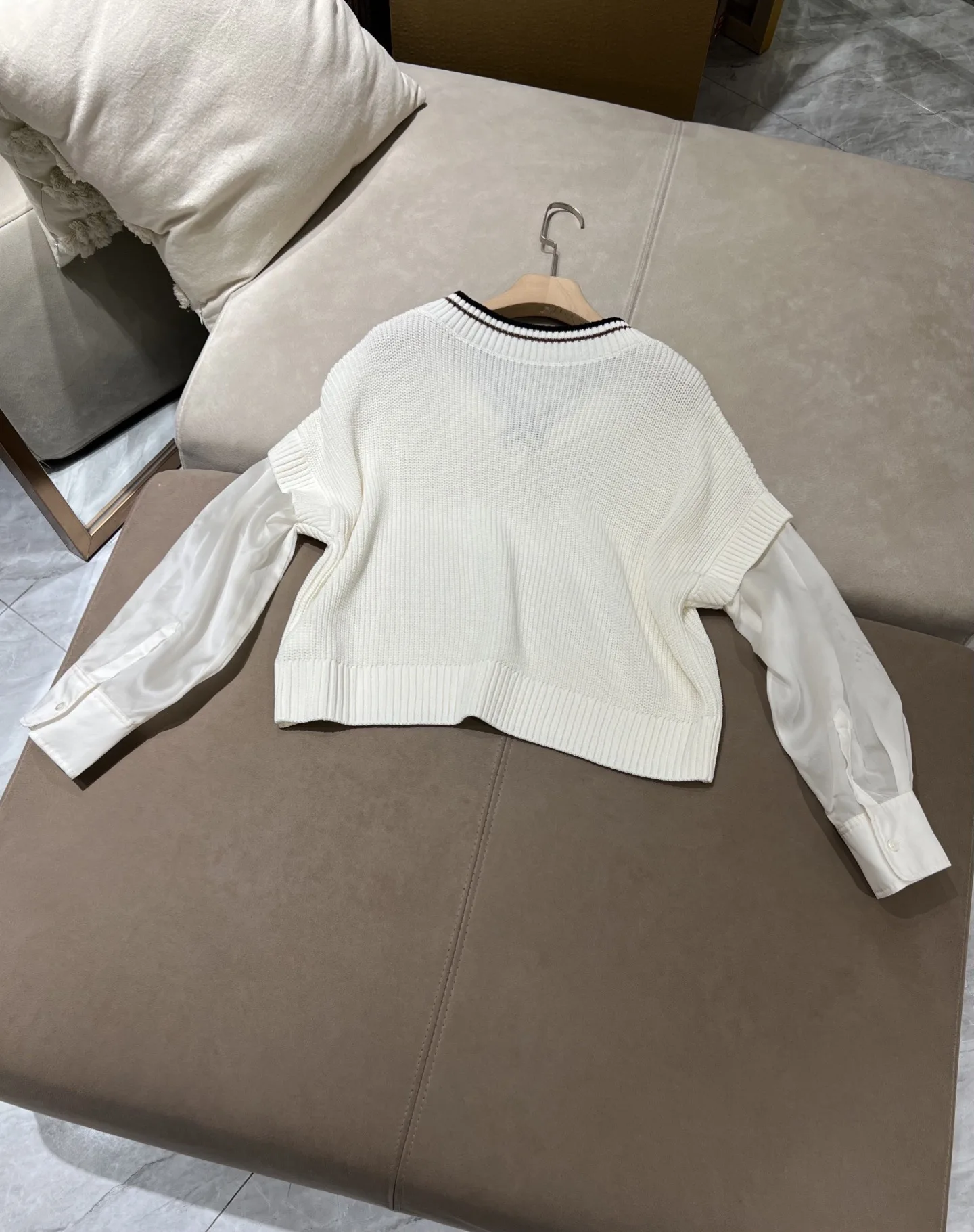 Casual Sle V-Ne Silk Sve Fake Two-Piece Linen Knitted Loose Women's Top Slimming Effect Soft Comfortable Long Sve