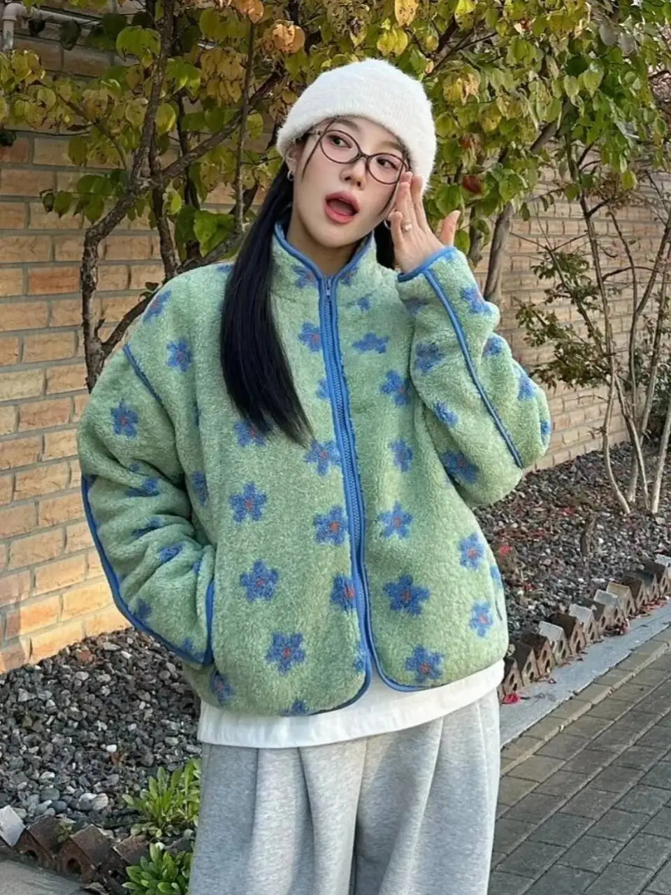 

Retro Adorable Blue Flower Lamb Fur Women's Winter Warm Cotton Coat Commute Pure E-Commerce