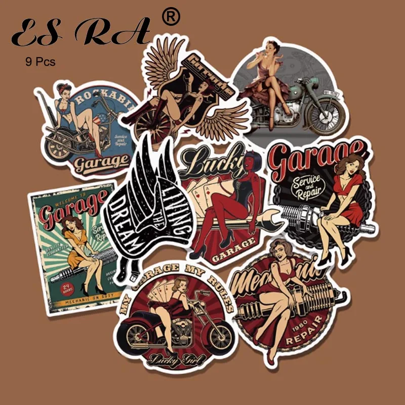 

9 Pcs/Set Sexy Girl Retro Motorcycle Personalized Stickers Luggage Laptop Phone Case Water Cup Waterproof Decals