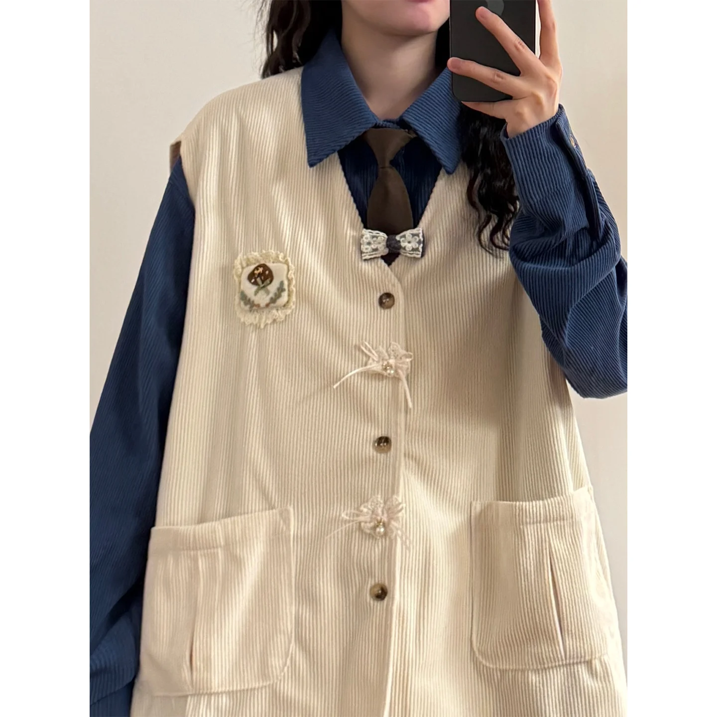 Cute  Knot Corduroy Vest Jacket Outerwear College Style Autumn UATONLINE Japanese Aesthetic Artistic Women's Vest