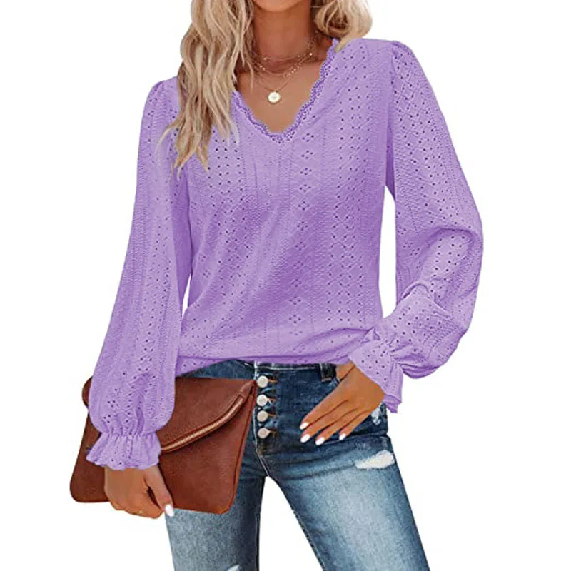 Women\'s Clothing Elegant Simplicity Hollow Out V-Neck Tops Autumn Fashion New Casual Solid Color Long Sleeve T-shirt for Female