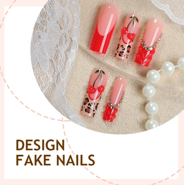 Long Square Leopard Print Press On Nails, French False Nails with 3D Cherry & Rhinestones