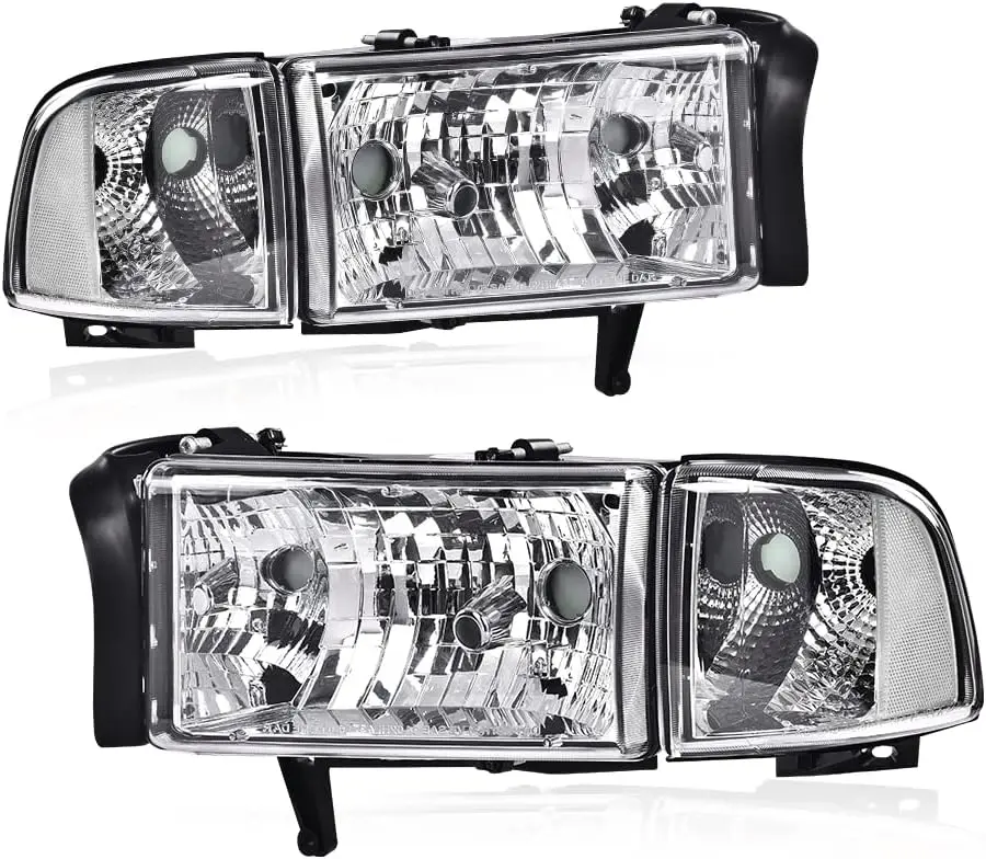 Headlights, Compatible with Dodge Ram 1500 2500 3500 1994 1995 1996 1997 1998 1999 2000 2001 2002 Clear lens Chrome Housing Clea