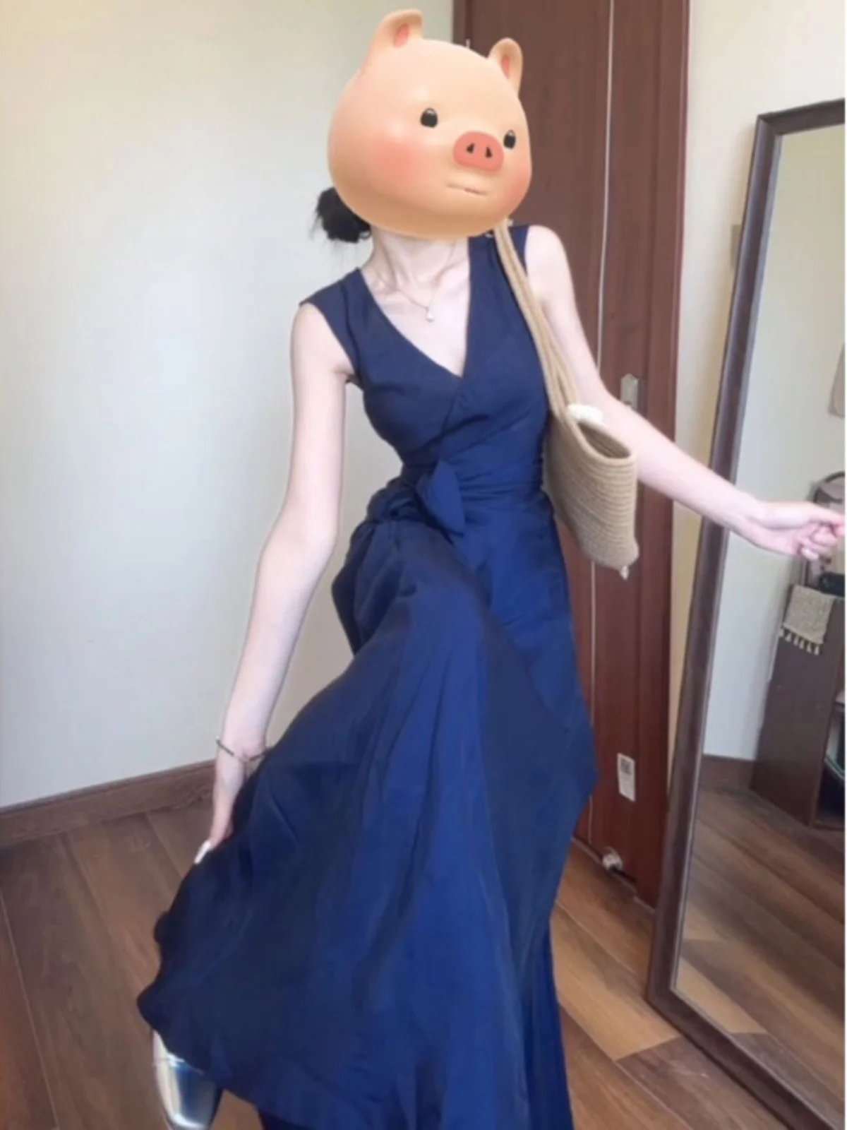 

Korean Style V-Neck Top And Half Skirt Two-Piece Set Spring Fashion Anti-Aging Comfortable Cotton Short Sleeve Long Skirt