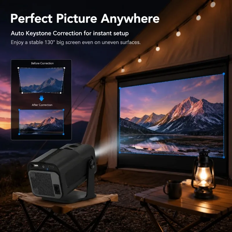 Mini Projector Native 720P Android 11 WiFi 6 BT 5.0 300 ANSI Lumens Auto Keystone 180 Degree Rotation