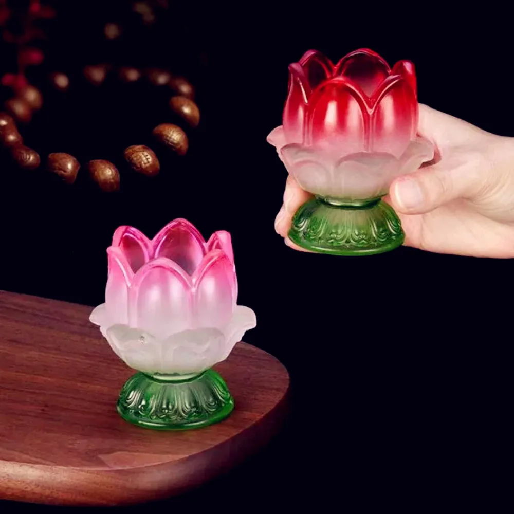 Buddhist Hall Ghee Candlestick Holder,Multicolor Flower Six leaves Shape Tall Feet Altars Liuli Candle Butter Lamp,Buddhist Item