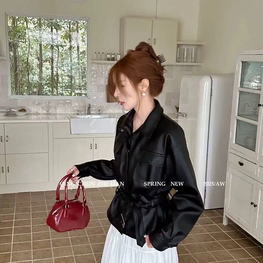 유럽 스타일 라펠 PU 가죽 재킷 여성 2025 봄 슬림핏 허리 지퍼 긴팔 코트 한국 패션 아우터