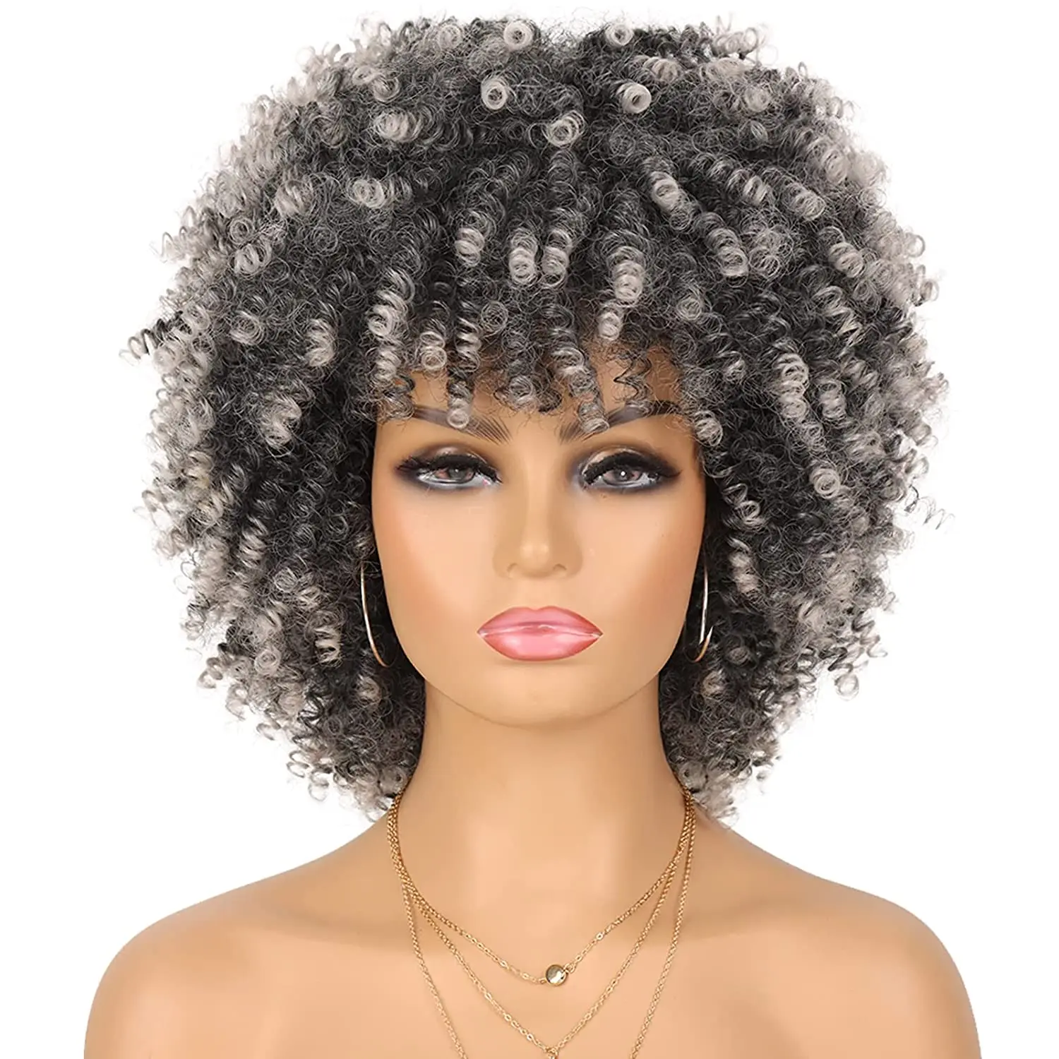 10Inch Afro Curly Synthetic Wig with Bangs for Black Women Glueless Wear Afro Kinky Curly Synthetic Wig Heat Resistant Wigs