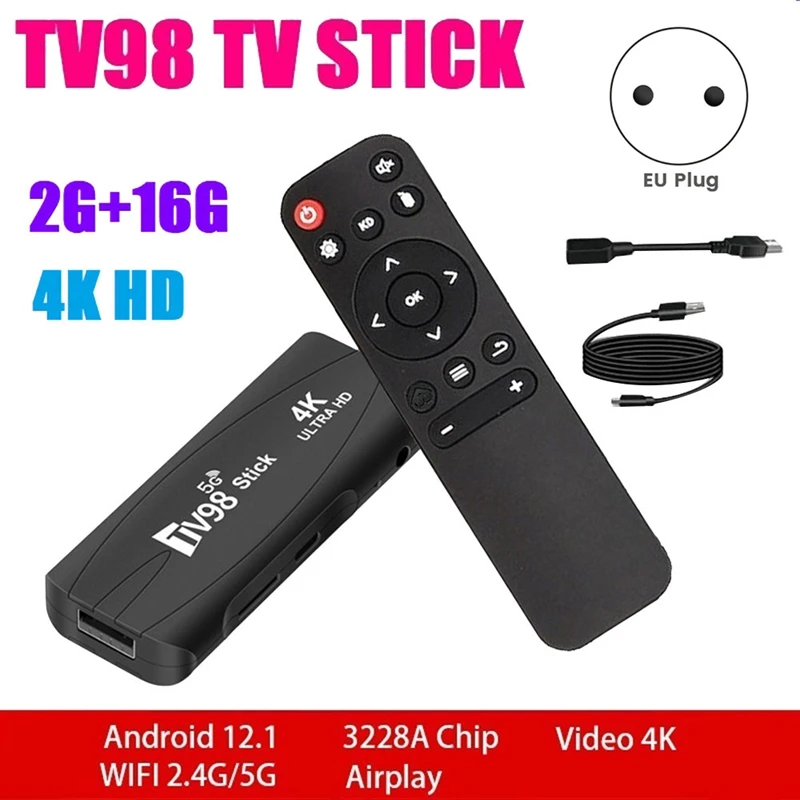 TV98 TV Stick Smart TV Box, 4K, 60Fps, Décodeur, 2G + 16G, Android 12.1, 2.4G, 5G, WiFi, Android, Installation facile, Prise UE