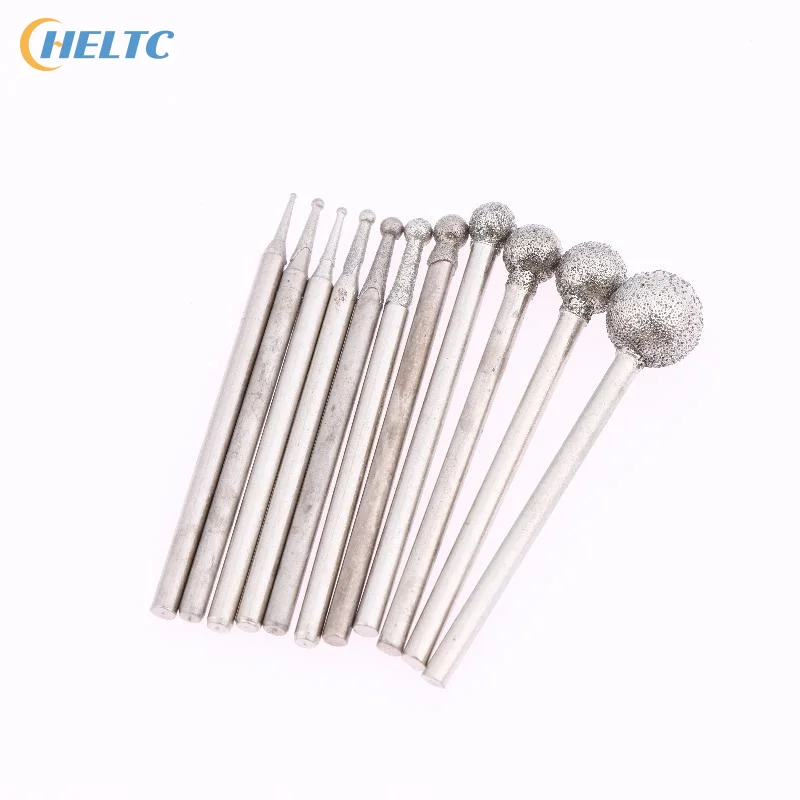 1/2Set Metal Diamond Grind Needle Head Cutter Jade Carve Tool Engrave Rotary Spherical Burr Tool 2.35mm Shank Round Ball