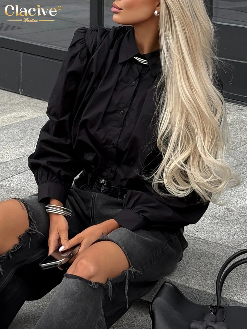 Clacive Mode Lose Schwarz Baumwolle frauen Hemd 2025, Sexy Revers Langarm Shirts Elegante Klassische Crop Top Weibliche Kleidung