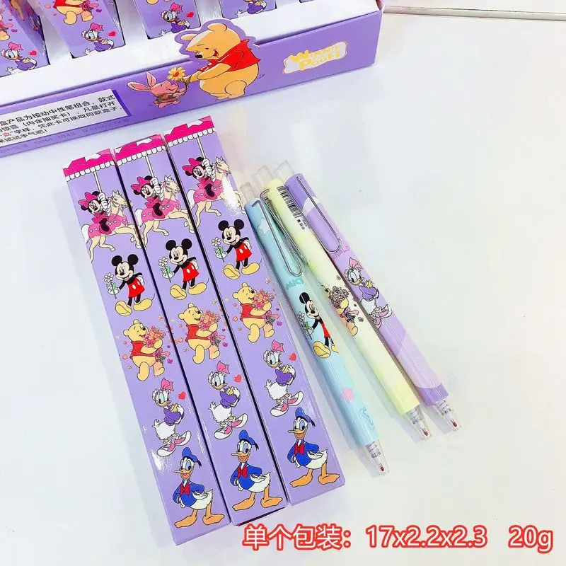 24 pcs Disney Mickey Press Gel Pen Cartoon Cute 0.5mm Black Press Sign Pen Independent Packaging Student Stationery Wholesale