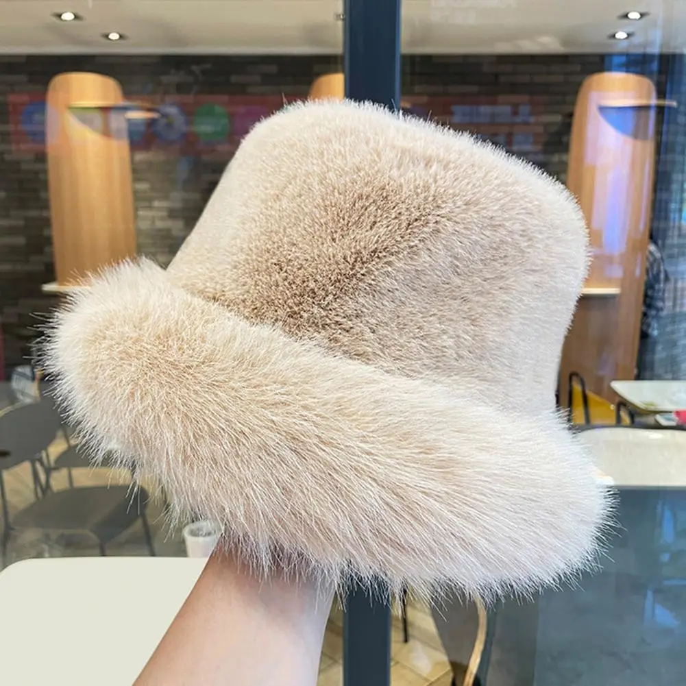 Knitted Pom Pom Hat Cozy Faux Fur Winter Bucket Hat for Women Thickened Windproof Dome Cap with Heat Retention Stylish Outdoor