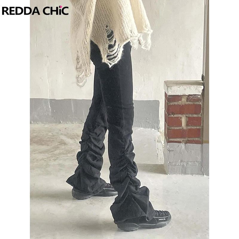 

ReddaChic Women Black Flared Jeans Solid Casual leanfit Stretch High Waist Slim Shirred Bootcut Pants Grunge Goth Streetwear