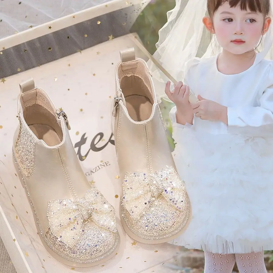 

New Autumn Winter Girl's Ankle Boot Sequins Luxury Children Princess Boots Fashion Rhinestone Versatile Kids Causal Short Boots