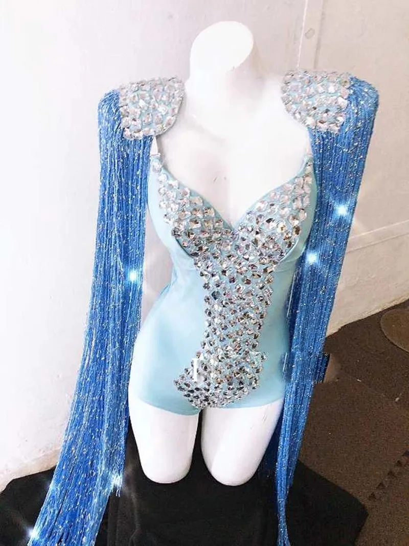 여성 블루 태슬 라인스톤 섹시 바디수트 가수 댄서 무대 의상 핑크 나이트클럽 바 파티 무대 의상 프린지 코스튬