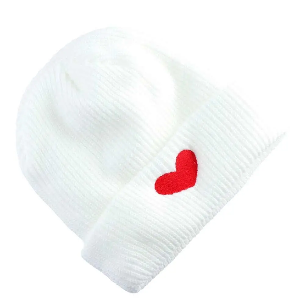 Bonnets Skullies d'amour en laine douce, couleur unie, broderie en forme de cœur, chapeau tricoté, Style Ins, élastique pour filles