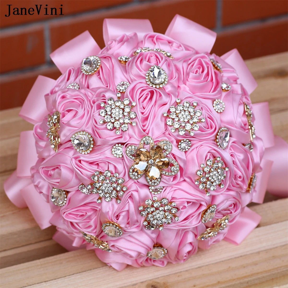 JaneVini Luxury Rhinestones Jewelry Bridal Brooch Bouquets Ribbon Roses Fashion Western Pink Bouquet Flowers Wedding Accessories