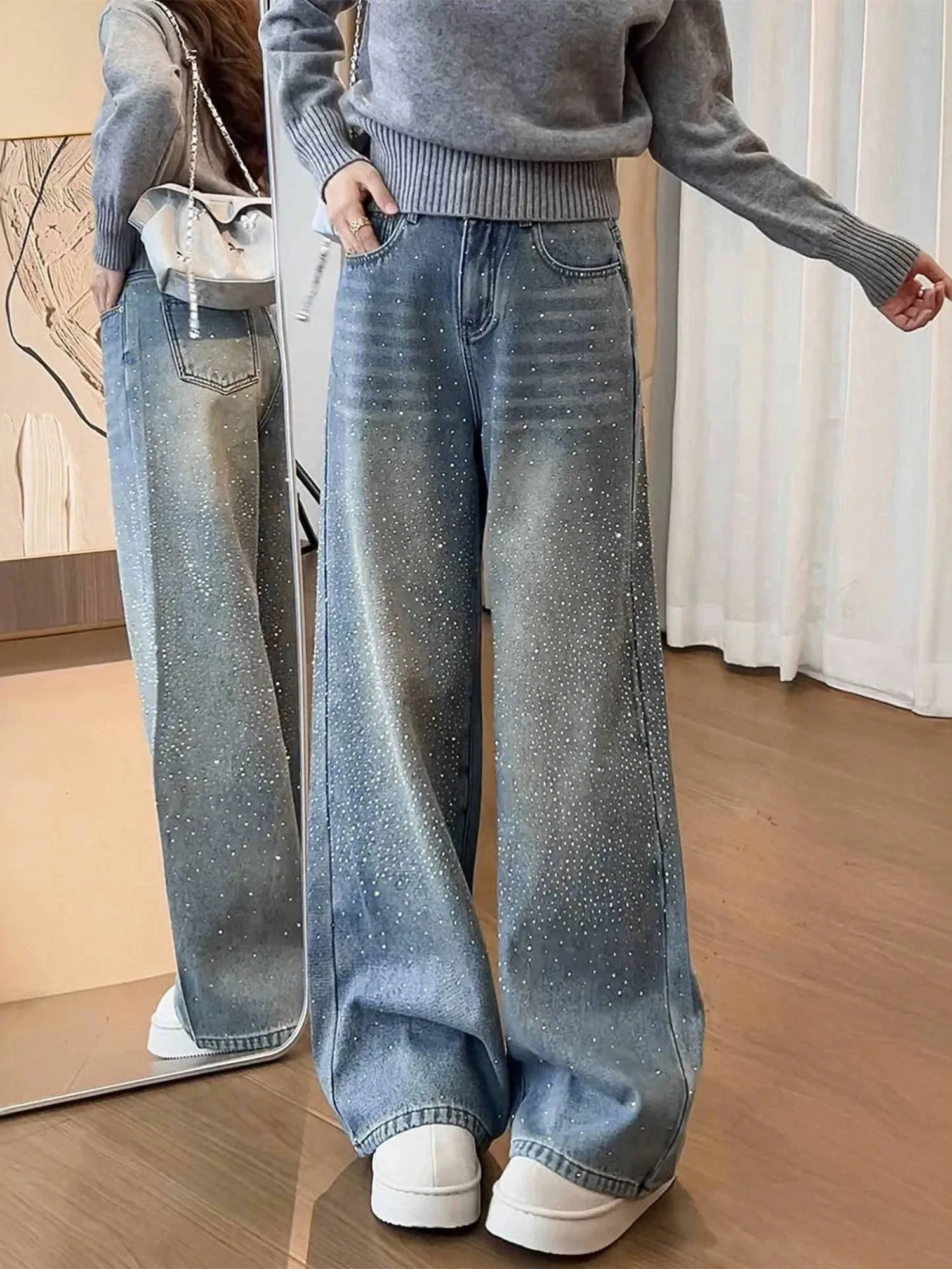 

Women's Rhinestone Jeans Bling Wide Leg Baggy Denim Pants Sparkly High Waist Y2K Streetwear Glitter Trousers with Crystals