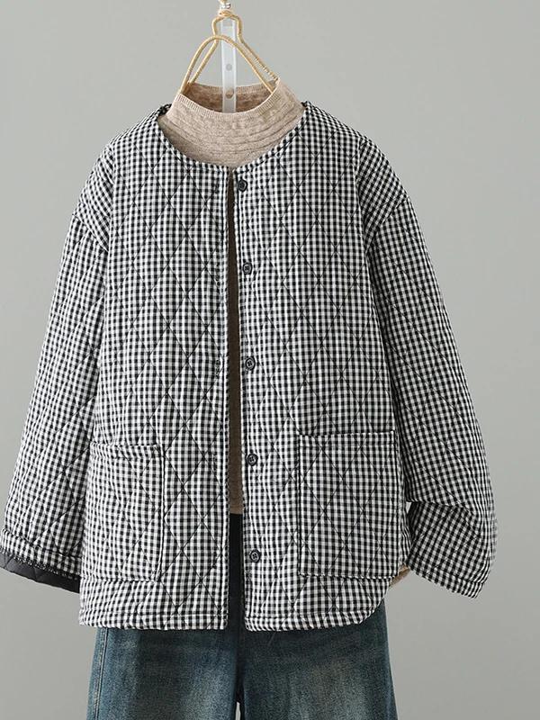 

Korean Brand Artistic Plaid Cotton Jacket Women's plus Size round Neck Thick Warm Cotton Coat Outerwear Fashionable Winter Cl...